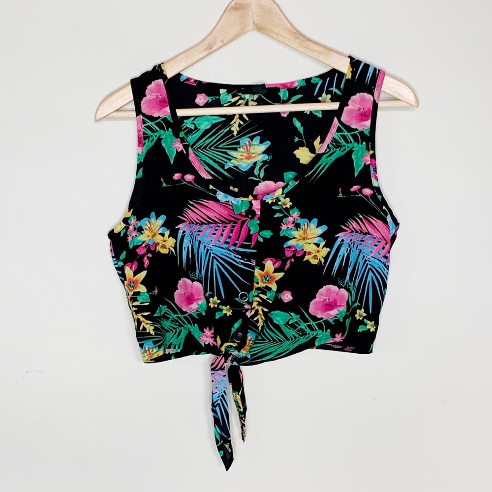 Tropical Floral Sleeveless Front Tie Crop